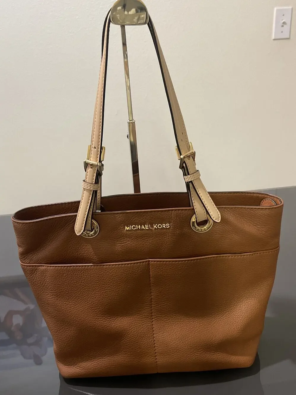 Michael Kors Bedford Pebbled Leather Brown Top Zip Pocket Handbag Tote Bag